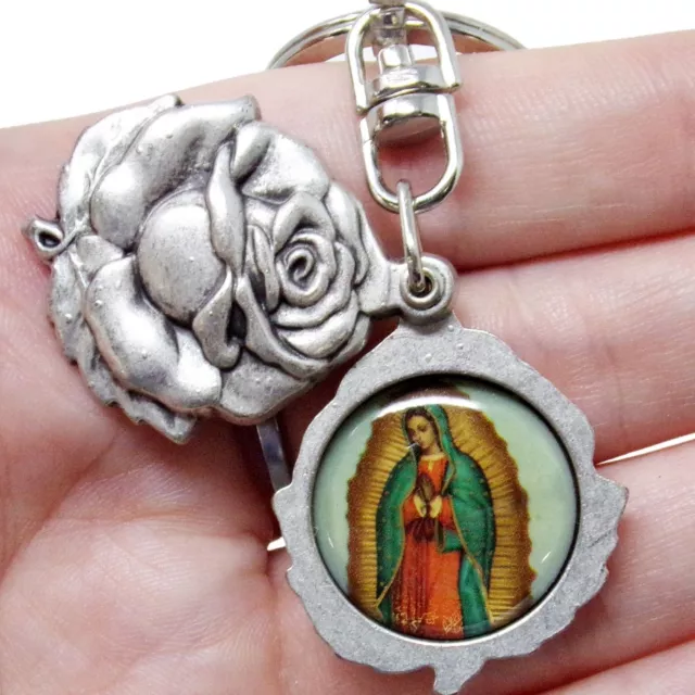Silver Tone Our Lady of Guadalupe St Jude Epoxy Image Rosebud Key Chain 3 1/2 In