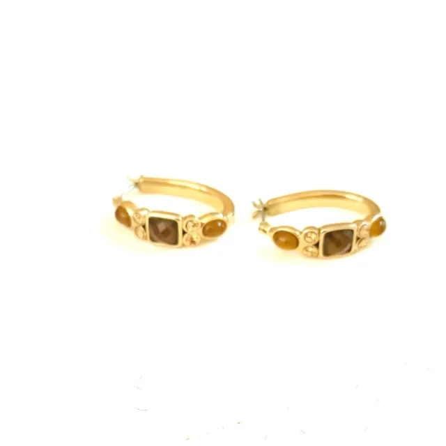 Gold Tone Rhinestone Hoop Earrings.  Brown & Gold Pierced