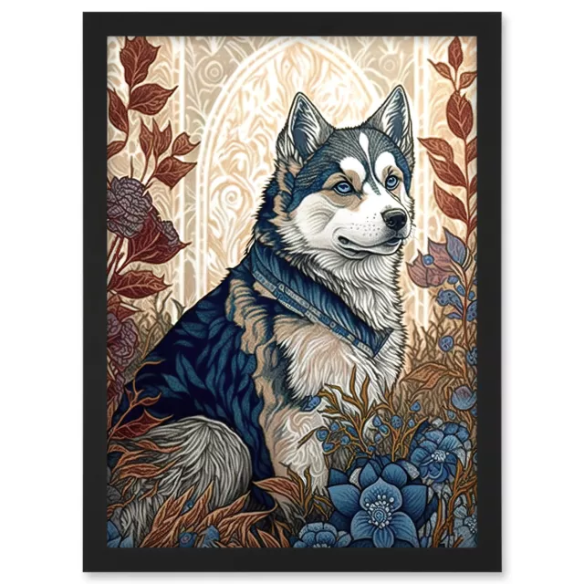 Siberian Husky Dog Autumn Flower Field Framed Wall Art Picture Print A3