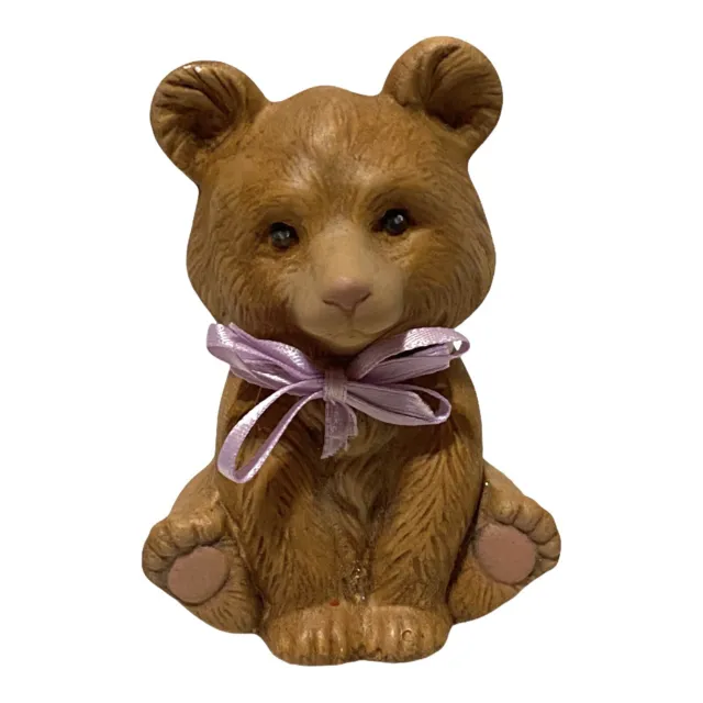 Brown Bear Cub Ceramic Figurine Purple Bow Vintage