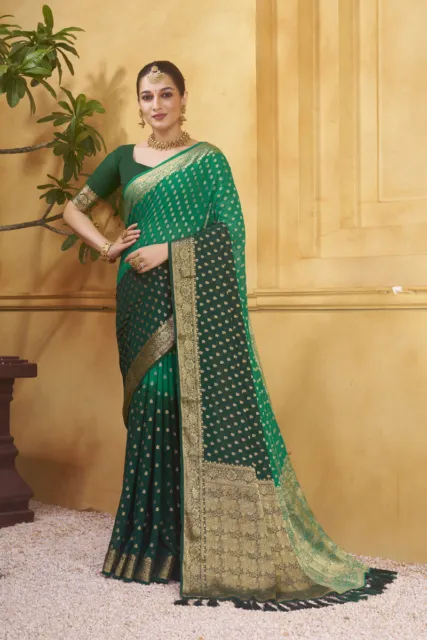 Designer Green Heavy Zari Weaving Viscose Work Sari Georgette Wedding Wear Saree