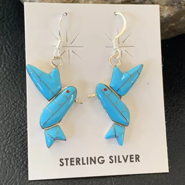 Indian Sterling Silver Blue Turquoise Humming Bird Earrings Size 1" 01424