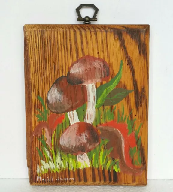 Vintage Painting Wall Plaque Oil On Wood Mushrooms Signed Muriel Jansen