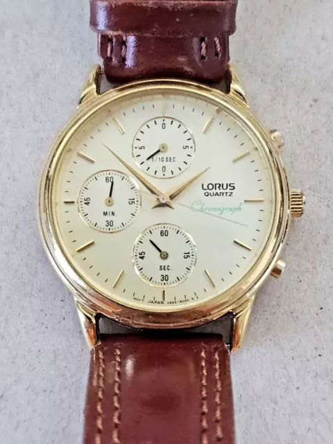 LORUS MEN'S WATCH Chronograph Quartz Classic V655-9000 Gold Face & Leather  Strap $36.98 - PicClick