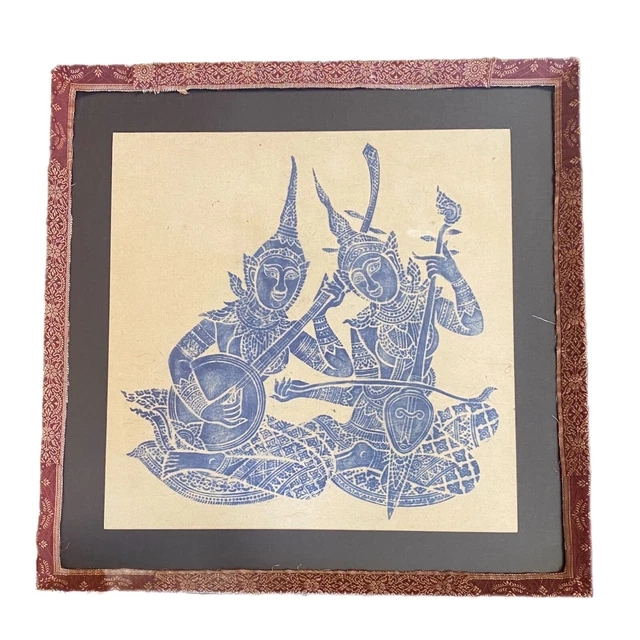 Thai Rice Paper Temple Rubbing Wall Art Framed Original artwork blue large 22”