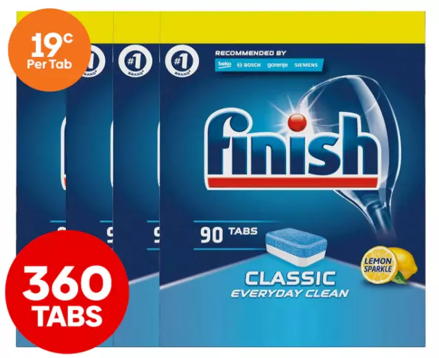 4 x 90pk Finish Classic Everyday Clean Dishwasher Tabs Lemon Sparkle Bulk Packs