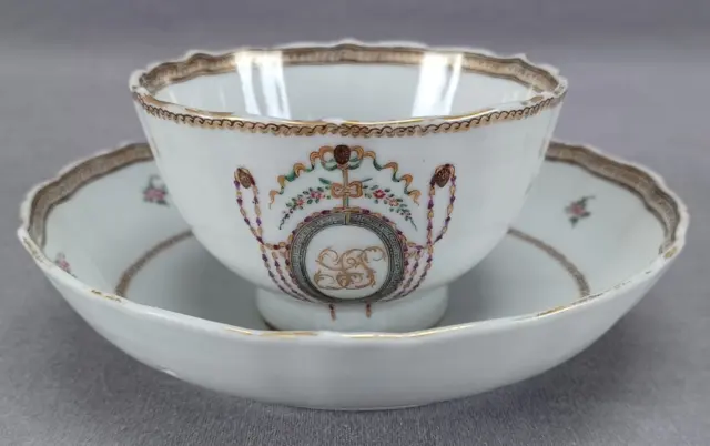 18th Century Chinese Export LS Monogram & Floral Bow Medallion Tea Bowl & Saucer