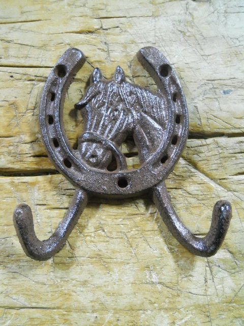 3 Cast Iron Rustic Ranch HORSE HEAD 2 HOOK Coat Hooks Rack Towel HorseShoe