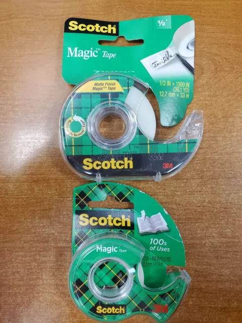 2 Pack: Scotch Magic Tape Roll w Dispenser 1/2in x 450in & 1/2in x 1300in E12B