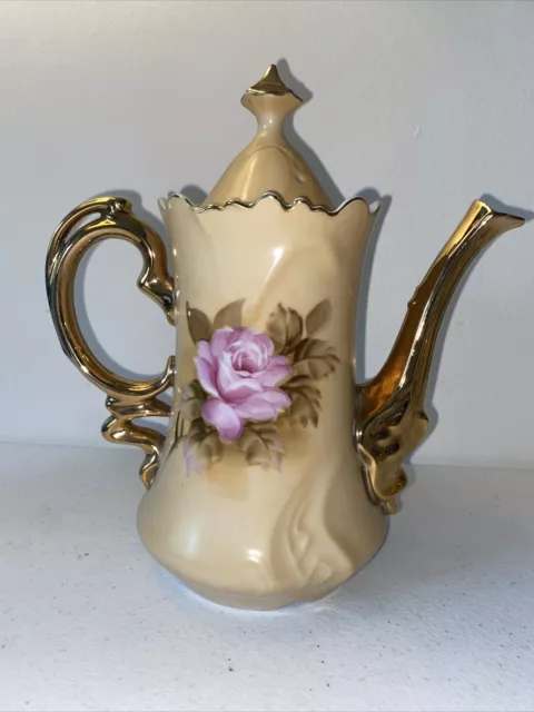 Lefton Vintage Teapot Heritage Rose Beige Porcelain Floral NE 1866