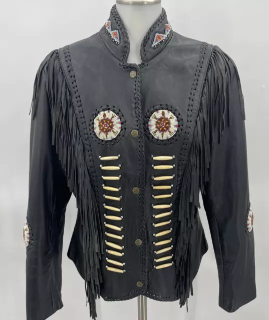 VINTAGE FRINGE BEADED Bone Leather Jacket Native American Biker Coat ...