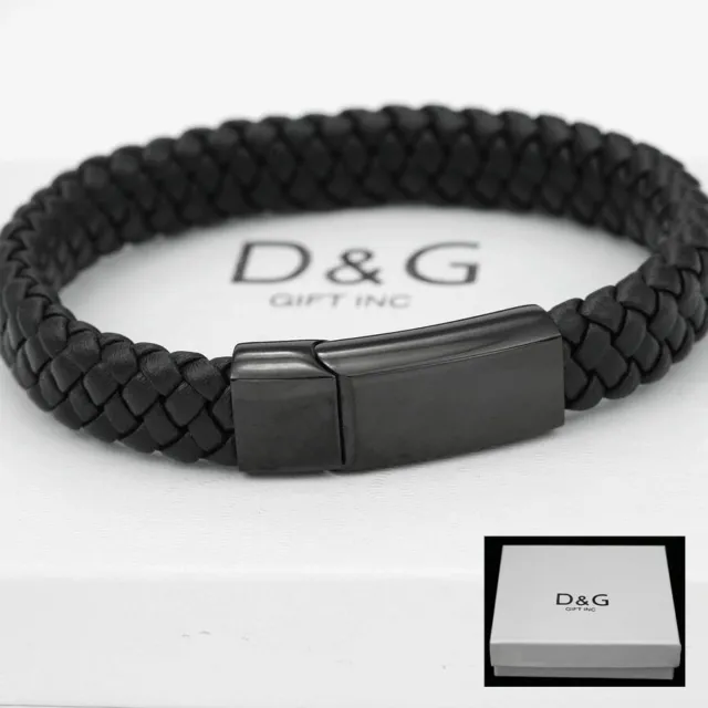 DG Men's Stainless Steel,Black Braided Leather*Magnetic 8.5" Bracelet*Unisex.BOX