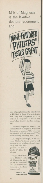 1962 Phillips Milk of Magnesia Mint Flavored Happy Boy Sign Vintage Print Ad L3