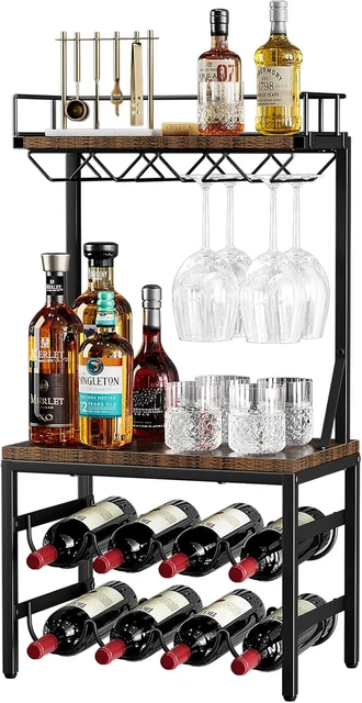 Portabottiglie A 5 Ripiani Autoportante Con Portabicchieri E Ganci - Mobile Angolare Per Vino E Liquori In Legno E Metallo, Stile Rustico, Per Bar, Cucina E Soggiorno, Marrone