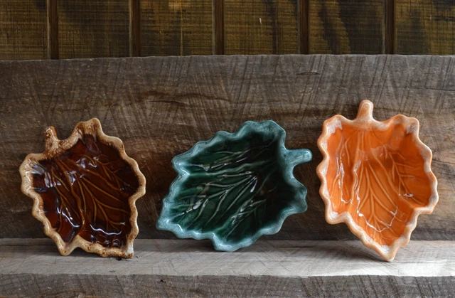 3 VTG Hull MCM Oven Proof Autumn Leaves Ceramic Dishes Green Brown Orange USA