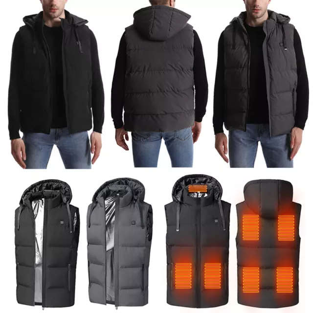 Men Coat Electric Vest Heated Jacket USB Heating Pad Warm Up Winter Body Hooded@