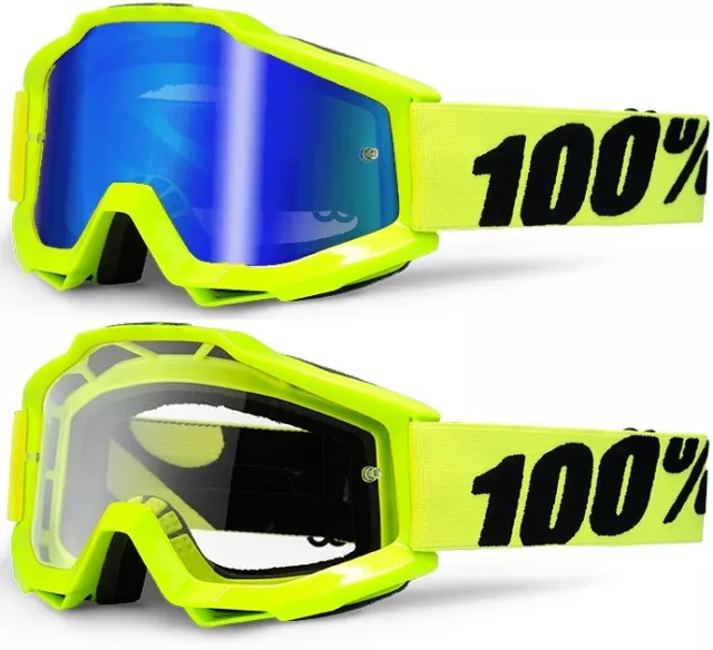 100% Percent Accuri Mx Motocross Goggles Florescent Flou Yellow / Blue Mirror