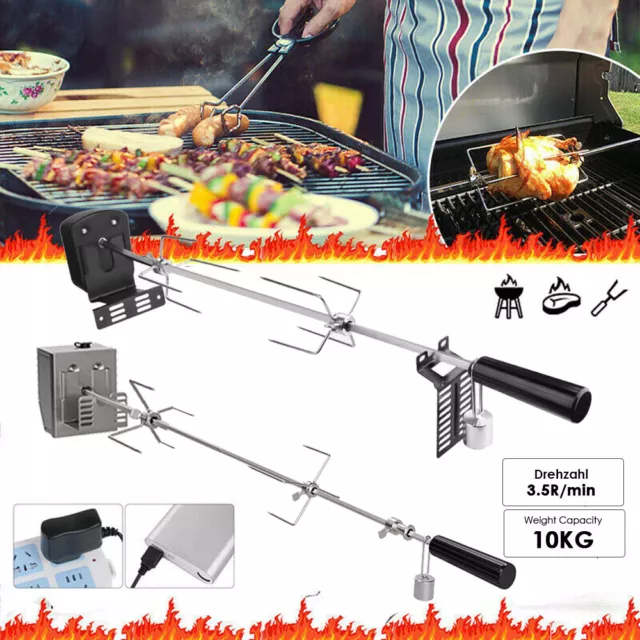 BBQ Grillspieß Fleischspieß mit Motor Edelstahl Drehspieß Holzkohle Gasgrill DHL