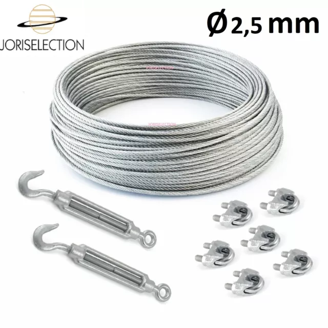 Câble acier galvanisé Ø 2,5 mm + 6 serre-câble et 2 tendeurs  LONGUEUR  AU CHOIX