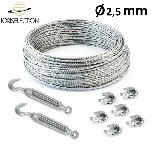 Câble acier galvanisé Ø 2,5 mm + 6 serre-câble et 2 tendeurs  LONGUEUR  AU CHOIX