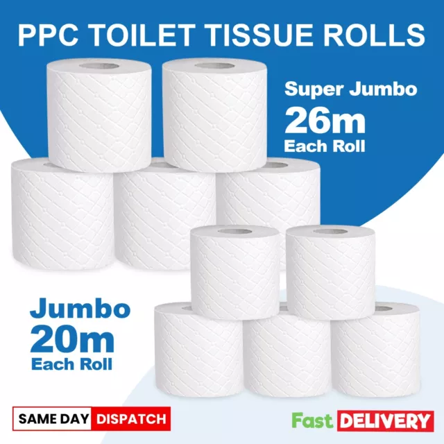 Jumbo 2ply Toilet Rolls Quilted Soft Super Jumbo Embossed Tissue 20m & 26m Roll