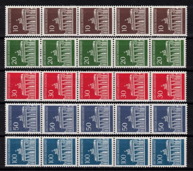 Rolle Bund , 506wR ff, 10 bis 100 Pfg. Brandenb. Tor, 5er Streifen, Zählnr. **