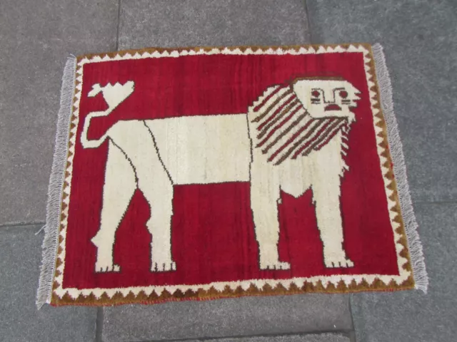 Vintage Traditional Hand Made Oriental Gabbe Wool Red Rug 88x73cm Animal Lion