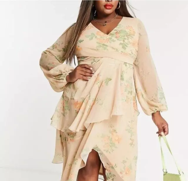 ASOS Designs Womens Peach Floral Faux Wrap Flowy Long Sleeve MIDI Dress Size 14