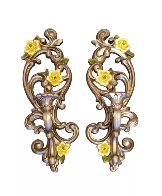 Two (2) MCM Homco Syroco Gold Sconce Scroll Candle Holders w/Yellow Flowers 15"