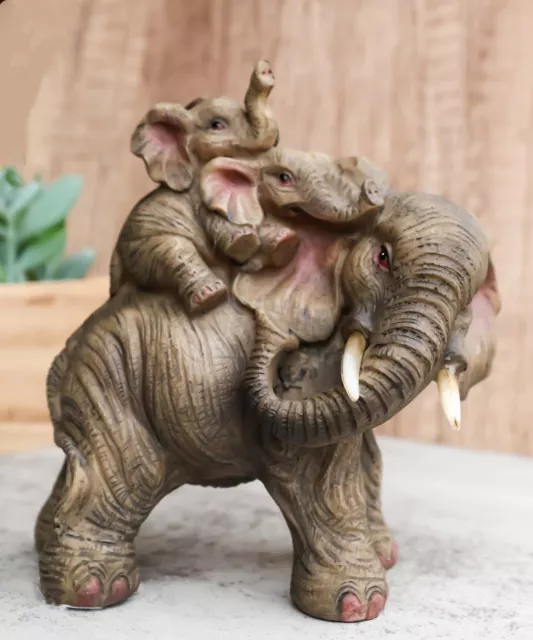 Small Wildlife Elephant Father And 2 Calves On Piggyback Playing Statue 5.25"H