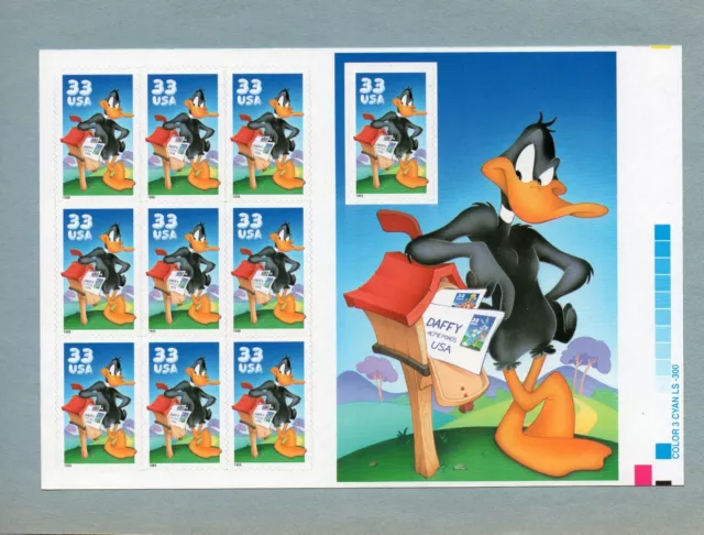 U.S. PANE OF 10 SCOTT#3306 33ct 1999 DAFFY DUCK MNH WITH COLOR BAR