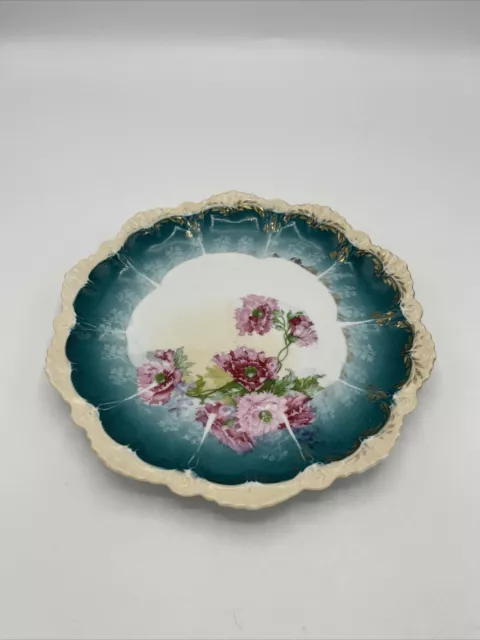 MZ Austria Hand Painted Teal Plate 8 3/4" Scalloped Pink Roses Gold Antique