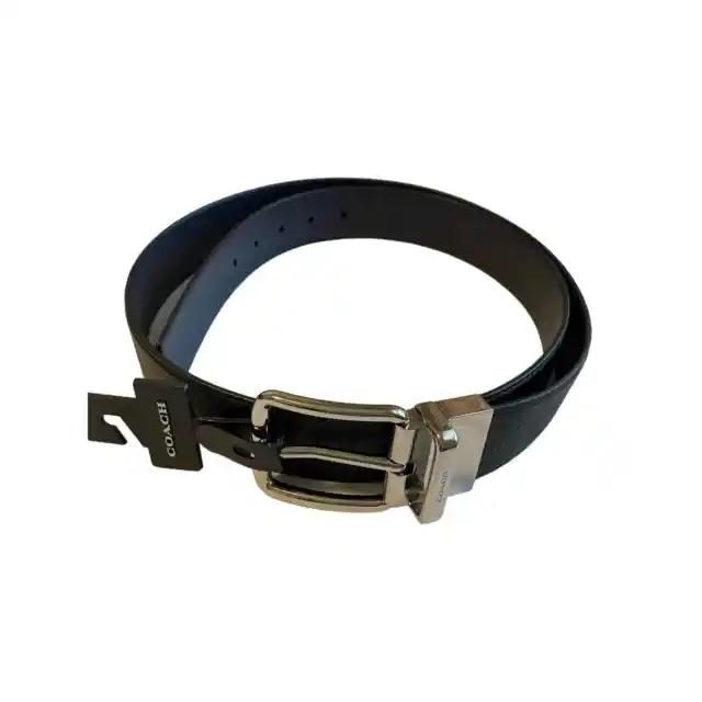 Coach leather reversible belt black and navy with silver hardware wide Size OS