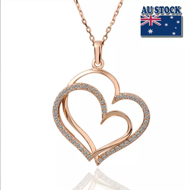 18K Women's Rose Gold Filled Heart Pendant Necklace With Crystal Stunning