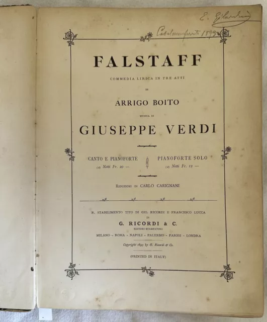Falstaff Giuseppe Verdi Arrigo Boito Carignani Pianoforte Canto 1893 Ricordi