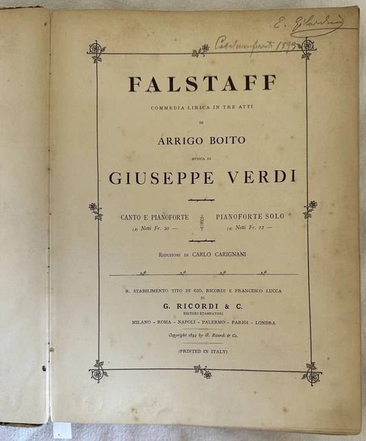 Falstaff Giuseppe Verdi Arrigo Boito Carignani Pianoforte Canto 1893 Ricordi