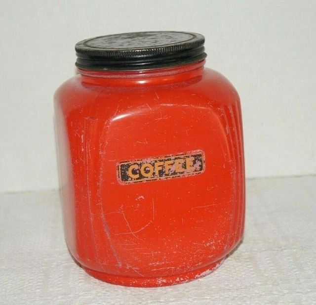 Vtg Red Painted Glass Coffee Hoosier-Style Jar with Black Metal Lid