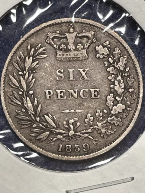 1859 Silver Sixpence Coin from Great Britain, doubling seen on “5” of date