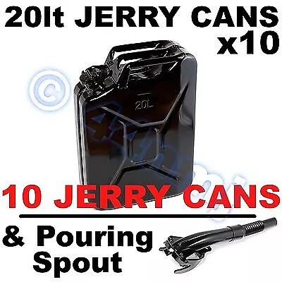 BLACK 20 litre lt JERRY CANS LOT 20lt x 10 & FREE Spout