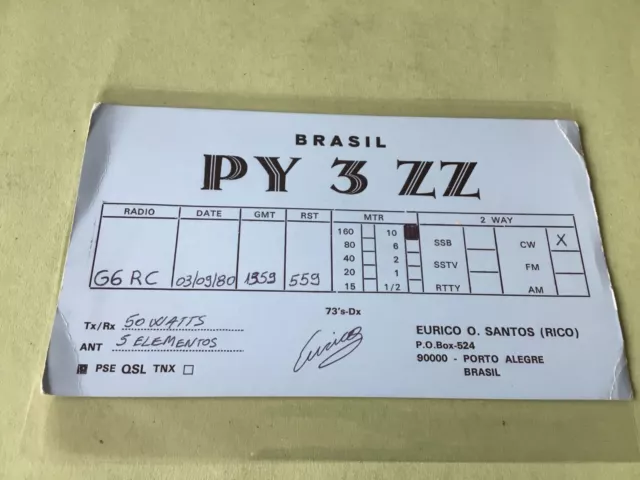 Vintage QSL Radio communication card Brasil 1980 Ref 52980