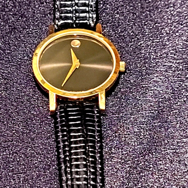 "MOVADO" Museum Gold-tone Black Dial Leather Strap Quartz Ladies Wristwatch 3
