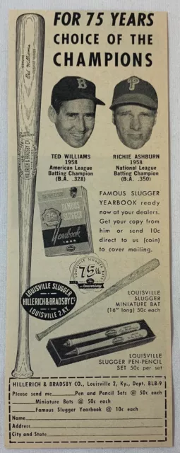 1959 Louisville Slugger Ad ~ Ted Williams, Richie Ashburn