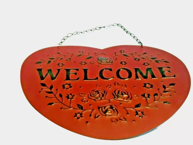 Tin Metal Welcome Sign Heart Shape Darker Red  Raised Black Design Hanging Chain