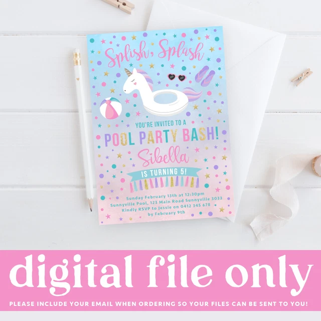 PRINTABLE GIRL S BIRTHDAY Pool Party Invite Summer Unicorn Themed PRINTABLE GIRL S BIRTHDAY Pool Party Invite Summer Unicorn Themed
