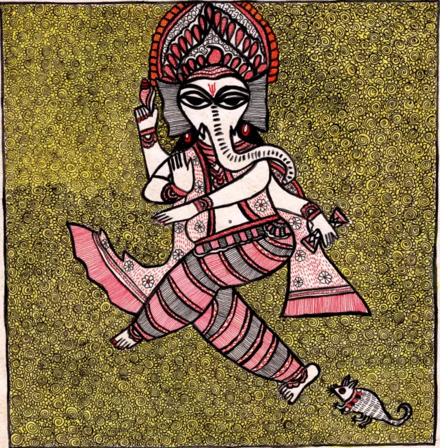 Madhubani Indian Tribal Folk Ganesha Art Handmade Mithila Bihar Ethnic Painting