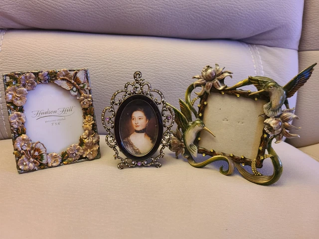 Lovely Three Picture Frames Crystal Jeweled  Enameled Brass 