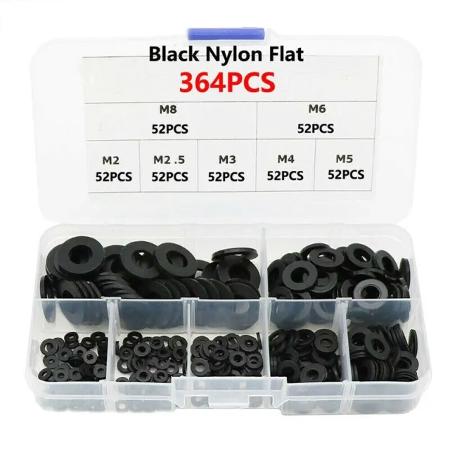 Multi Size Schwarz Nylon Flach Unterlegscheiben Kit mit Kunststoff Aufbewahrungs