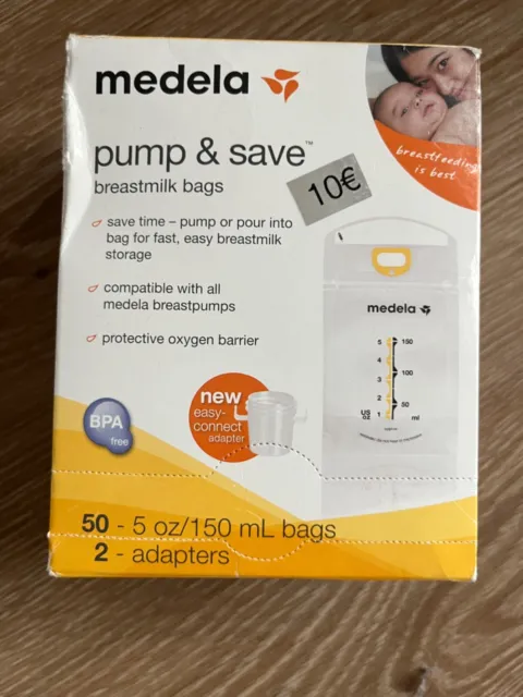 medela pump & save, 50 Stk 150ml Beutel für Muttermilch + Pump-Adapter