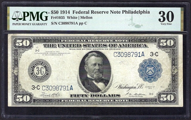 🇺🇸 1914 $50 Frn Fr-1035 ♚♚Philadelphia♚♚ Pmg Very Fine 30 Strong Color 🇺🇸 1914 $50 Frn Fr-1035 ♚♚Philadelphia♚♚ Pmg Very Fine 30 Strong Color