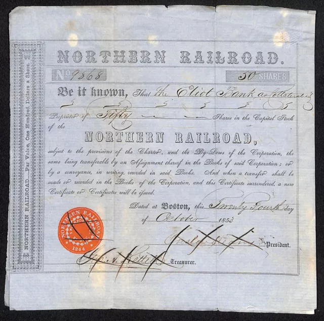 2 AFFIXED 1853 Northern Railroad Stock Certificates 